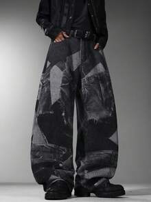Men's American Street Jeans Digital Print Loose Wide Leg Casual Niche Design All Season Long Pants No Belt No Accessories - Black - View 7