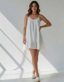 Vestido Curto Com Babado E Alças Finas - Branco - Visão 1
