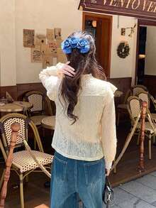 Vintage Style Stand Collar Long Sleeve Shirt With Textured Lace Details - Apricot - View 7