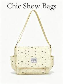 Women Messenger Shoulder Bag,Flap Satchel,Polka Dot Bow Print,Adjustable Strap,Multi‑Pocket Large Capacity,Daily School Travel Bag For Teen Girls - Multicolor - View 12