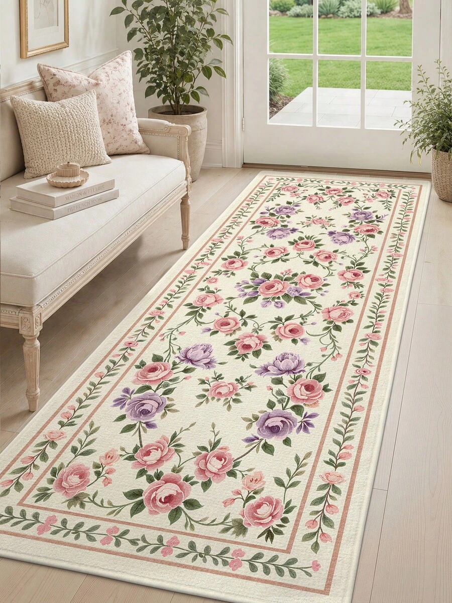 DAJIANG 1pc Floral Shaped Vintage Rug, Kitchen Rug, Hallway Rug, Suitable For Bathroom, Kitchen, Outdoor, Indoor, Hallway, Bedroom, Living Room, Bedside Mat, Machine Washable Easy To Clean, Non-Slip Entryway Mat, Bedroom Bathroom Decorative Rug