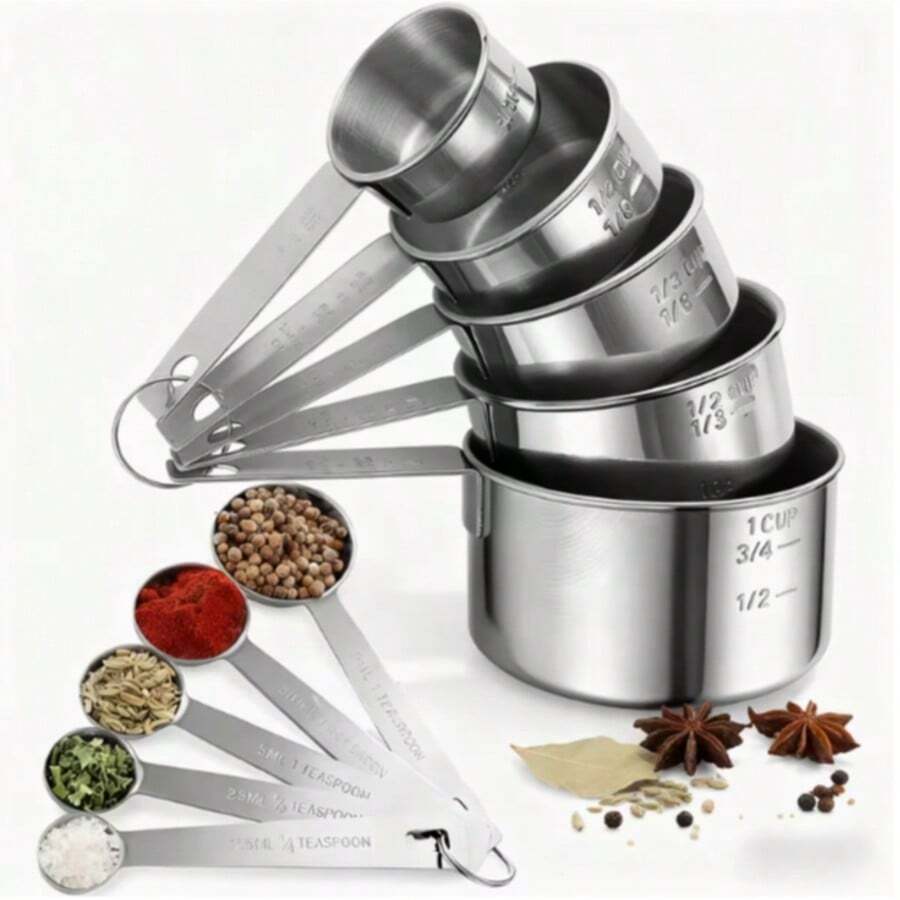 5pcs Measuring Spoon Set + 10pcs Measuring Cup Set, 5pcs Measuring Spoons + 5pcs Measuring Cups, Stackable Stainless Steel Measuring Cups And Spoons, Suitable For Dry Or Liquid Ingredients, Cooking And Baking Kitchen Tools, Kitchen Supplies, Baking Tools - Multicolor - View 1