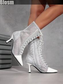 Blosm Damen Stiefeletten mit spitzer Kappe, Schnürung, Kontrastfarben und Cut-Out-Design, sexy Stiefeletten im europäischen Stil, einfarbig, knöchelhoch - Silber - Übersicht 3