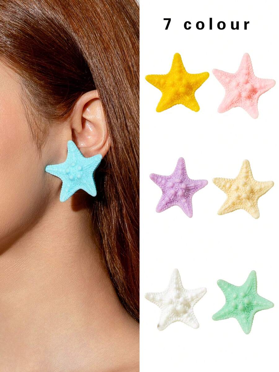 1 Pair/Fashionable Bohemian Style 3D White Dot Starfish Earrings, Suitable For Women's Beach Vacation Jewelry Gift