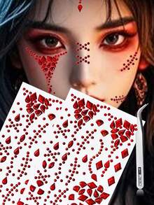 2/4pcs Red Face Gem Stickers, Star, Heart, Teardrop, Square, Diamond Shapes, Self-Adhesive, With Tweezers, Suitable For 2K Style Carnival Party, Halloween, Cosplay - Red - View 14