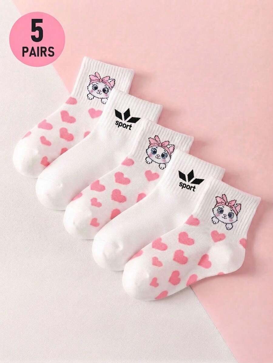 5 Pairs Kids Mid-Calf Socks, Cute Cartoon Cat & Pink Heart Pattern ...