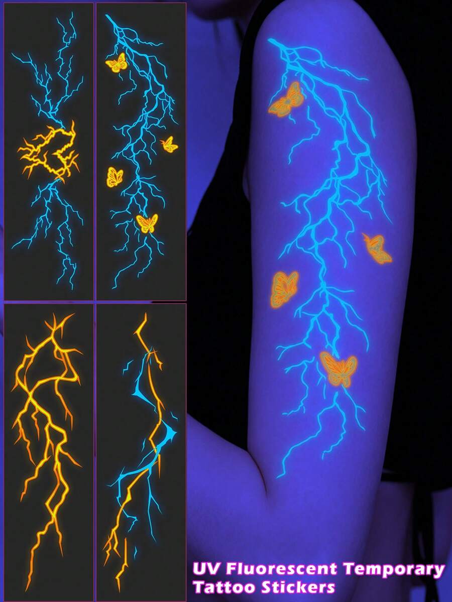 STARTTOOS 4PCS Glow-In-The-Dark 3-Color Lightning Butterfly Pattern Fluorescent Decorative Temporary Tattoo Stickers, Waterproof For Arm, Shoulder, Neck, Collarbone, EDM Festival, Halloween DIY Party Gift - Multicolor - View 1