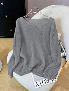 Sweater Pullover Lengan Panjang Leher Bulat Longgar Gaya Korea Terbaru untuk Musim Gugur, dengan Detail Sobek dan Tampilan Santai, Pakaian Musim Gugur Wanita - Grey - View 7