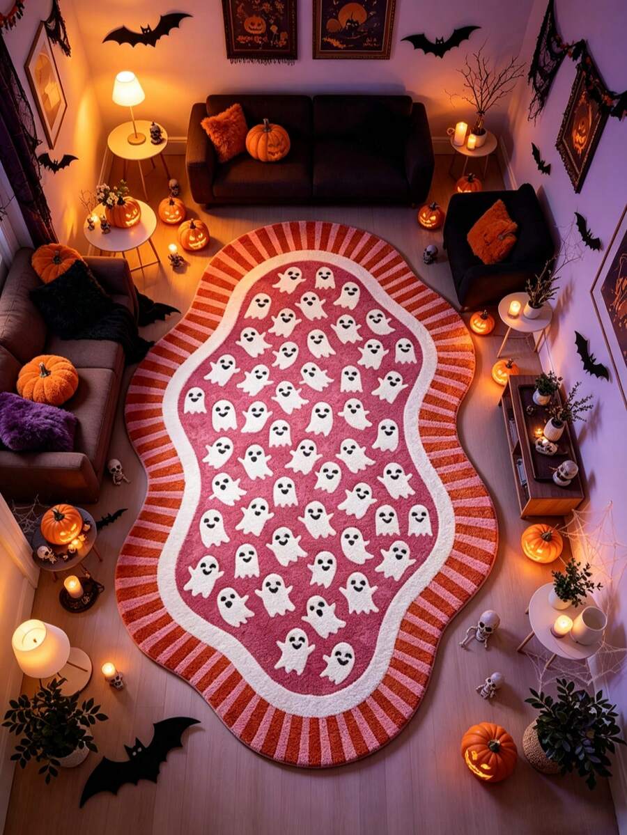 1 pieza Felpudo de Halloween con estampado completo de fantasma alienígena, alfombra de sala de estar, alfombra de área, alfombra grande, tapete de piso, alfombra de Halloween - Multicolor - Ver 1