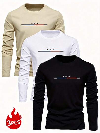 Men's Autumn Casual Daily Minimalist Letter Print Long Sleeve T-Shirt 3pcs Set