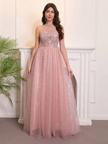 Women's Elegant Backless Sleeveless Long Tulle Ball Gown, Decorated With Applique And Sequin Details, Suitable For Prom And Formal Occasions - Dusty Pink - View 5