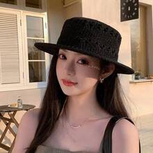 鉤編草編船形帽，配PU皮革飾邊與金色扣環，女款夏季海灘遮陽帽 - 彩色 - 查看 7
