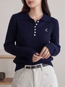 韩版女式休闲 Polo 衫复古粗针织经典纽扣领长袖上衣，带字母刺绣，修身毛衣，适合秋冬外出、街头和商务 - 藏蓝色 - 查看 1