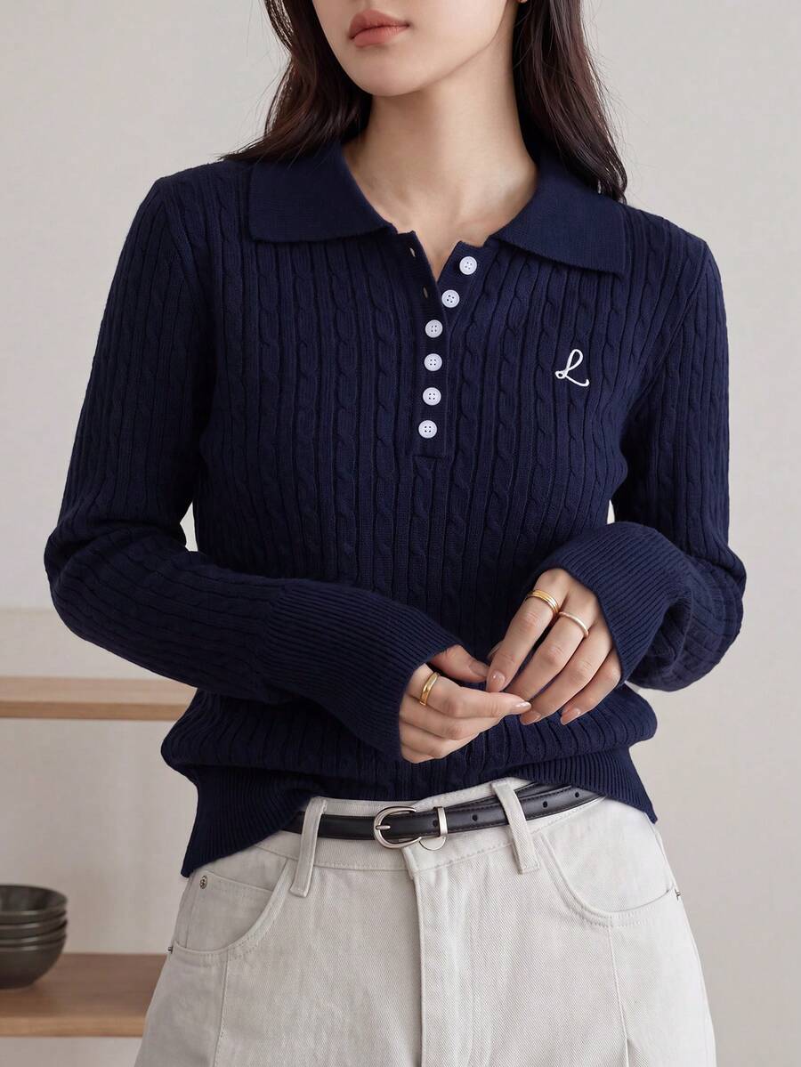 韩版女式休闲 Polo 衫复古粗针织经典纽扣领长袖上衣,带字母刺绣,修身毛衣,适合秋冬外出、街头和商务 - 藏蓝色 - 查看 1