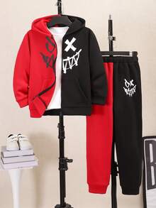 Purechapter 2pcs Tween Boys Fashion Casual Funny Smiling Face Contrast Color Zipper Fleece Hoodie Jacket And Sweatpants, Suitable For Halloween Outfit, Daily Outdoor Party Activities, Autumn/Winter - Multicolor - View 1