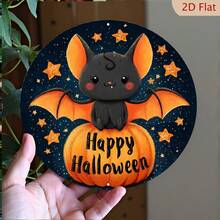萬聖節主題 2D 平面木製印花裝飾，蝙蝠與南瓜圖案，飾有「Happy Halloween」字樣及星星月亮設計，適合居家、酒吧與咖啡廳裝飾 - A - 查看 1