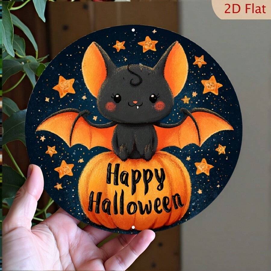 萬聖節主題 2D 平面木製印花裝飾,蝙蝠與南瓜圖案,飾有「Happy Halloween」字樣及星星月亮設計,適合居家、酒吧與咖啡廳裝飾 - A - 查看 1