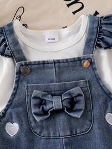 Baby Girl's 2pcs Set: Heart Embroidery Ruffle Pocket Denim Bib Pants + White Ribbed Long Sleeve T-Shirt, Preppy Style - White - View 7