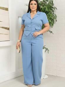 conjunto elegante plus size calsa pantalona e blusa de tesido censorial marrant - azul claro - Visão 2