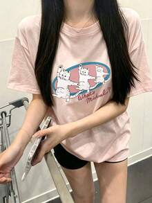 Women's Round Neck Short Sleeve T-Shirt, Summer New Cartoon Cat Pattern & Letter Print, Fashion Casual Versatile Loose Fit Top - Light Pink - View 1