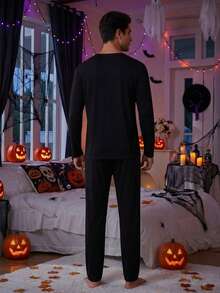 Men's Pajama Set Black Skeleton Rib Print Long Sleeve Top + Skull Leg Pattern Pajama Pants, Suitable For Halloween, Holiday Parties And Other Occasions Home Wear 2-Piece Set - Black - View 2