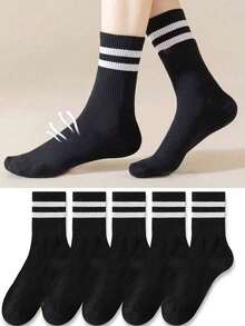 1/5/10/20 Pairs Women's Striped Mid-Calf Socks, Classic Double Stripe Mid-Calf Socks, Suitable For Daily Wear, School, Outdoor Activities And Casual Sports Socks For Sneakers - Black and White - View 9