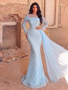 Faeriesty Luxurious Elegant Mermaid Tulle Layered Beaded Formal Evening Gown, Suitable For Party And Wedding Fall - Baby Blue - View 2
