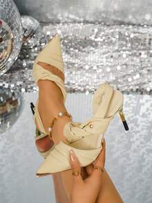 2026 Spring/Summer New Light Mature Style Pale Yellow Knot Tie High Heel Shoes, Metal Pointed Toe Stiletto Heel Backless Sandals, Wedding Bridesmaid Date Vacation Travel Party Banquet Shoes - Pale Yellow - View 4