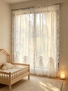 1pc White Floral Sheer Lace Curtain With Drawstring Design, No Drilling Required, Lightweight, Suitable For Baby Shower Decoration, Gender Reveal Decoration, Children's Room Decoration - Multicolor - View 6