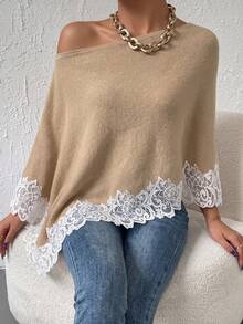 Suéter de Tricô com Ombro Frio Feminino, Top Assimétrica com Barra de Renda, Top Casual para Camadas no Outono/Inverno - Caqui - Visão 6