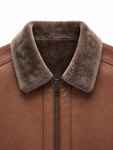 Men's Brown Faux Leather Jacket, Regular Fit, Lapel Collar With Fur Trim, Long Sleeve Zipper Closure, Warm Casual Coat - Brown - View 3