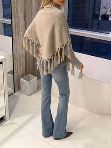 FOR BEAUTY Fall Winter Women Sweaters Y2K Boho Khaki Fringe Tassel Turtleneck Crop Poncho Knit Tops Sweaters Vacation Party Concert Going Out Clothes - Grey - View 9