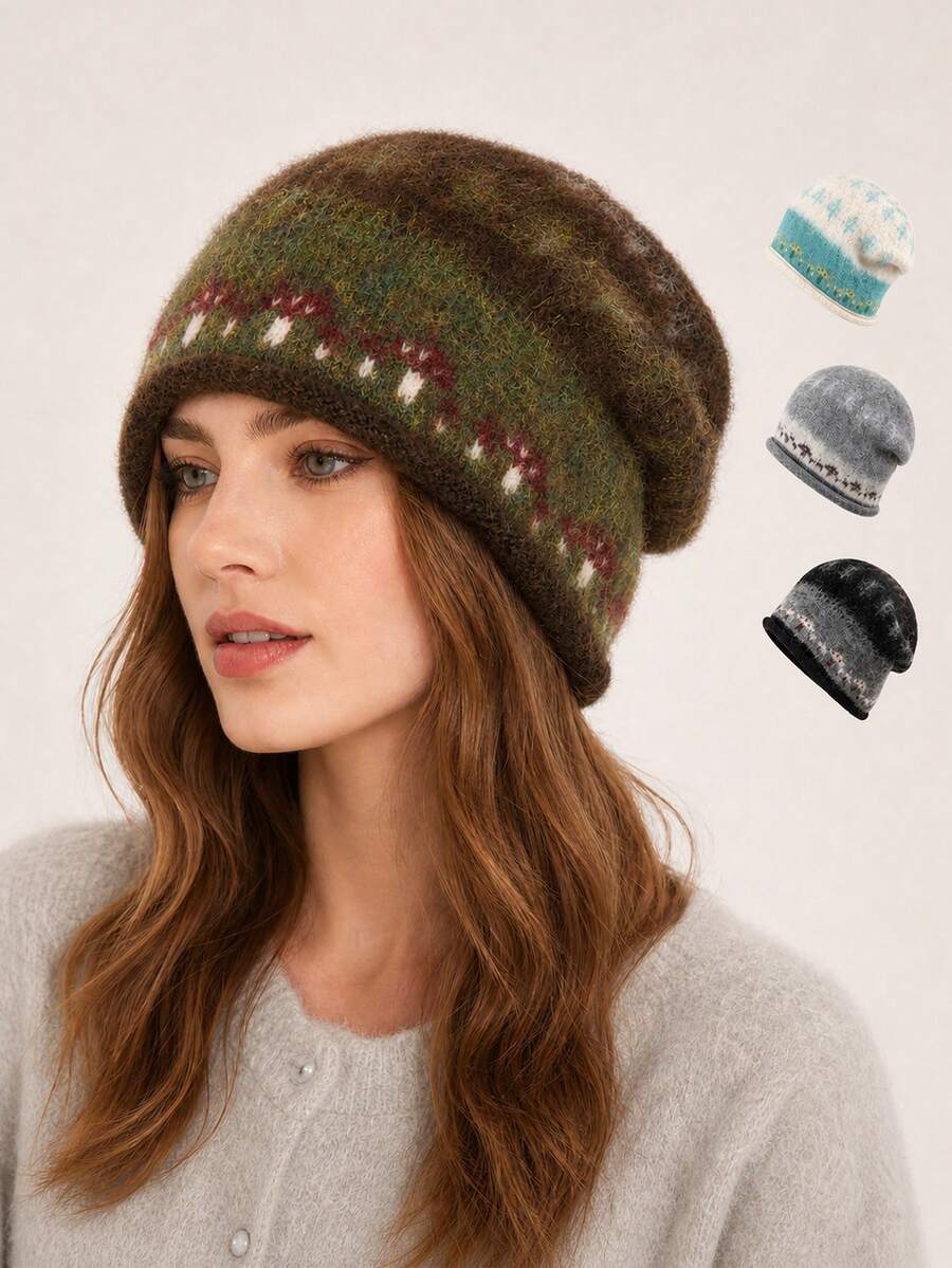 Fair Isle Jacquard Knit Beanie Hat For Women, Autumn/Winter, Premium Rolled Edge Slouchy Hat, Large Head Circumference, Warm Knitted Plush Hat - Knitted Hat - View 1
