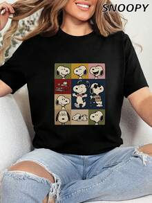 Simple T-Shirt Short Sleeve Snoopy Car Cute Top Print Casual Versatile Shirt - Black - View 3