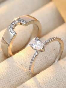 Gmzalx 2pcs Fashion Minimalist Rings, Creative Eternal Promise Engagement Rings For Dating Wedding Lovers, Perfect Christmas Gift - Silver - View 10