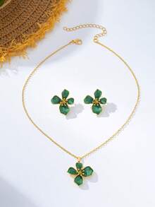 3pcs/Set Minimalist Vintage Elegant Enamel Drip Flower Pendant Necklace & Earrings Set For Women, Suitable For Beach, Vacation, Party, Banquet, Daily Wear - Green - View 4