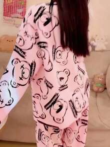 AICJ 女款卡通熊印花休閒睡衣套裝，長袖圓領上衣與長褲，舒適寬鬆版型，適合春秋冬季居家穿著 2 件套 - 粉色 - 查看 2