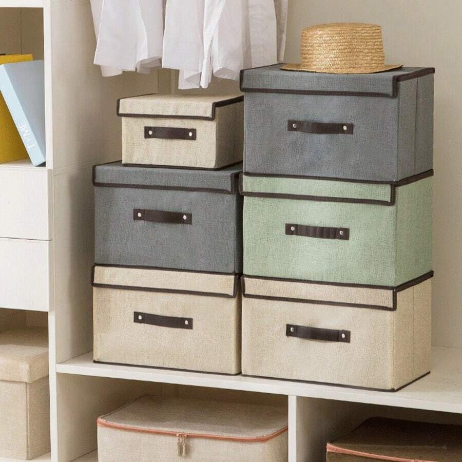 1pc Linen Foldable Storage Bin With Lid, Multi-Functional Organizer Basket For CD Collection, Toys, Clothes, Sundries Storage, Bedroom, Game Room, Closet, Laundry Room Home Space Organization