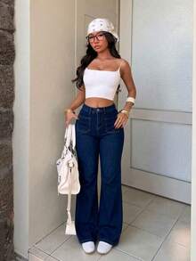 Pantalones de mezclilla rectos lavado, elásticos, efecto levantador de glúteos, control abdominal y caída amplia - Azul oscuro - Ver 2