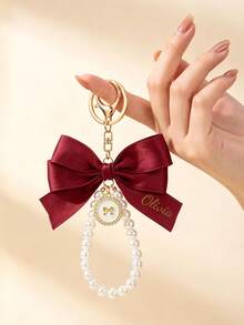 1pc Customized Name Pearl Bow Keychain, Bridesmaid Gift Accessory, Silk Ribbon Bow Bag Charm, Elegant Engraved Key Ring, Wedding Party Favor, Bridal Shower Gift - Multicolor - View 8