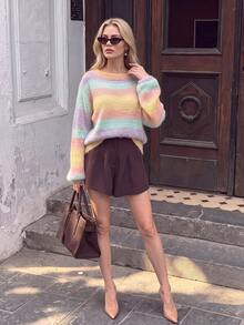 Women Fall Winter Vintage Striped Knit Sweater, Gradient Stripe Crew Neck Crop Pullover Daily Fall Outfit, Random Color Shipment - Multicolor - View 1