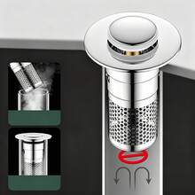 1pc Universal Push-Down Pop-Up Sink Stopper With Plastic Spring Core, Anti-Clog Hair Filter Basket, Easy To Remove And Clean, Bathroom Sink Replacement Drain Accessory, Home And Apartment Anti-Clog Drain Accessory - Silver - View 6