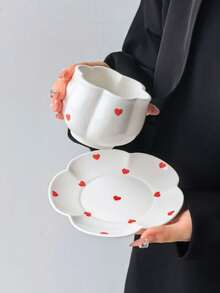 1 Set Minimalist Hand-Painted Heart Ceramic Coffee Cup & Saucer, Elegant Women's Afternoon Tea Cup & Matching Lace Plate, Suitable For Arabic Coffee, Various Teas, Gift-Giving, Personal Use, Coffee Brewing - Multicolor - View 3