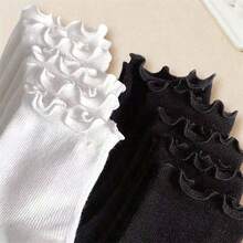 1/3/5 Pairs Women's Cute Ruffle Trim Short Socks, Black & White Color, Polyester Spandex Blend, Machine Washable - Multicolor - View 4