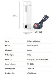 PHILIPS GoZero AWP2792 Hervidor Eléctrico/Taza Aislada/Termo de Vacío (Enchufe del Reino Unido) - Ver 7
