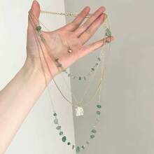 1pc Light Green Asymmetrical Multi-Layer Long Necklace With Gold Square Pendant, Cool Atmosphere Women's Accessory, Suitable For Vacation, Commuting, Daily Minimalist Outfit - Multicolor - View 8