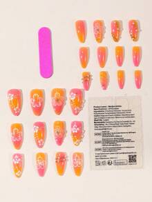 24pcs Almond Shaped 3D Embossed Fake Nails With Pearl & Steel Bead Gradient Tie Dye Design, Luxury Romantic Nail Art Stickers, Suitable For Parties, Weddings, Special Events, Nail Accessories, Party Decorations, Durable Press-On Nail Tips, Exclusive For Nail Art Enthusiasts, Set Includes: 1pc Jelly Glue And 1pc Nail File. Summer Nail Tips Make Your Fingertips Shine And Attract, Perfect For Women's Daily Work And Party Occasions - Multicolor - View 2