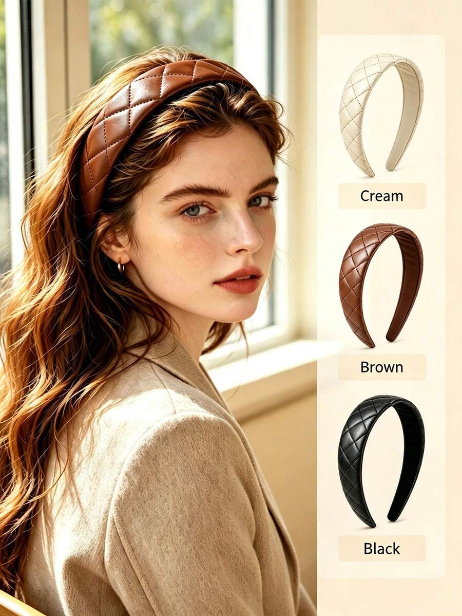 1PC/6PCSQuilted Faux Leather Wide Headband, Padded Non Slip Hair Hoop, Retro Elegant Daily Hair Accessory, Perfect For Makeup And Casual Wear