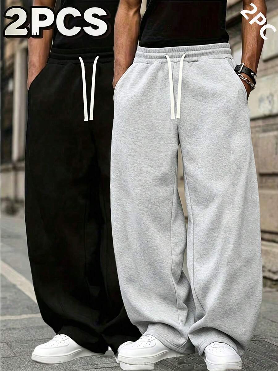 2pcs Men's Loose Wide Leg Sweatpants, Solid Color Versatile Drawstring Straight Leg Casual Sports Pants, Daily Commute Versatile Style - Multicolor - View 1