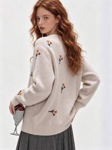 New Autumn/Winter Women's Elegant Gentle Style Botanical Print Round Neck Pullover Sweater - Apricot - View 5